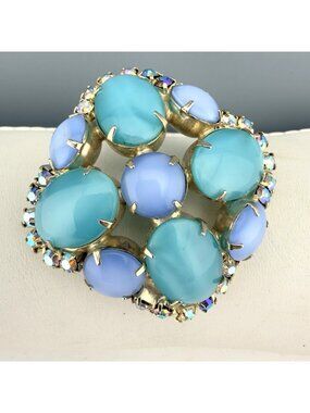 Vintage Moonstone Brooch Blue Green Rhinestone Aurora Borealis